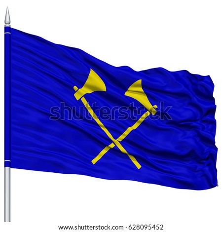 Saint Helier City Flag on Flagpole, Capital City of Jersey, Flying in the Wind, Isolated on White Background