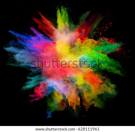Explosion of colored powder, isolated on black background. Power and art concept, abstract blast of colors. Royalty-Free Stock Photo #628111961