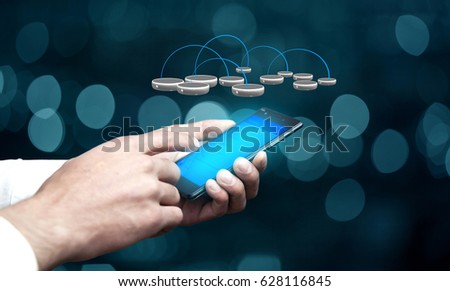 man  hand phone with  net on blue dark background
