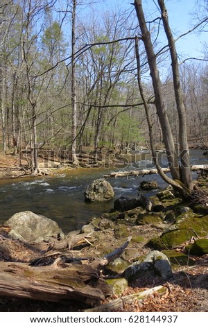 Rocks boulders in New Jersey woodland river in early spring. Trout fishing destination.   South Branch, Hunterdon County New Jersey. . 