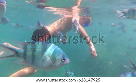 Child bathe in the sea with fish. Scuba Diving in Masks