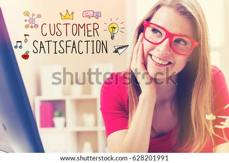 Customer Satisfaction text with young woman in her home office