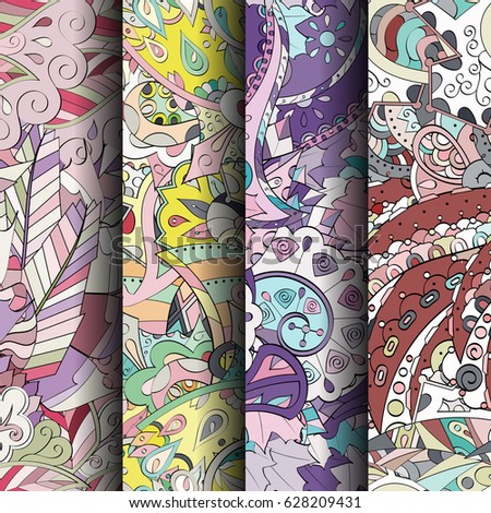 Set of tracery colorful seamless patterns. Curved doodling backgrounds for textile or printing with mehndi and ethnic motives. Vector