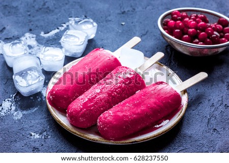 frozen cowberry and fruit ice-cream on dark table background