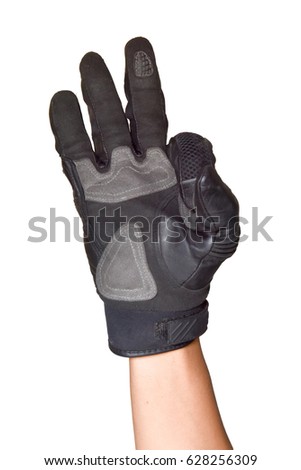 Motorcycle glove and hand signal OK isolated on white background, international symbol for biker symbol during ride trip 