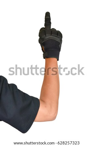 Motorcycle glove and hand signal, dispraise sign by finger hand isolated on white background, international symbol for biker symbol during ride trip 