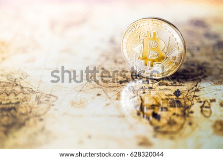 Golden bitcoin with reflex background. Bit coin cryptocurrency banking money transfer business technology