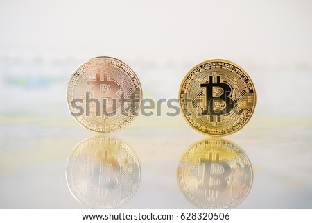 Silver and Golden bitcoins with reflex background. Bit coin cryptocurrency banking money transfer business technology