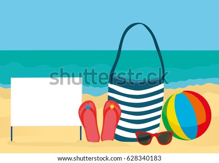 Summer accessories for the beach. Bag, sunglasses, flip flops, ball. Blank form or card for text or advertising. Against the background of the sea. Vector