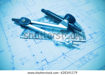 Construction planning and drawing tools background (blueprint)