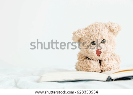The teddy bear is reading literature immersing in a fantasy world 