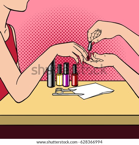 Woman making manicure pop art retro vector illustration. Comic book style imitation.