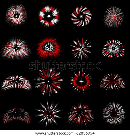 Set of fireworks explosions vector images.