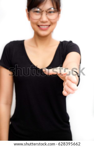 Acceptant sign business women wear glasses make hand shaking to viewer on white background