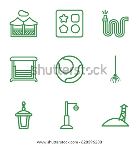 Outdoor icons set. set of 9 outdoor outline icons such as from toy for beach, rake, water hose, street lamp, swing, pergola, observation military tower