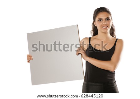 young beautiful brunette holding a blank board for advertisement