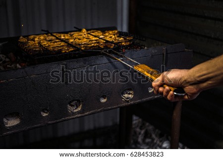 The meat is fried on the grill grid