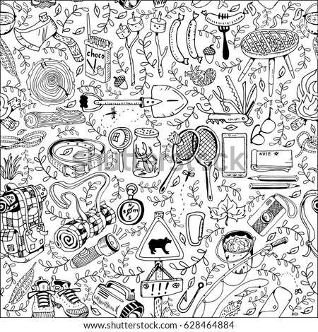 Seamless Pattern with Different Camping Objects.Travel and Recreation Time Concept. Hand Drawn illustration.