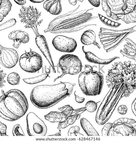 Vegetable seamless pattern. Hand drawn vintage vector background. Vegetarian set of farm market products. Detailed organic food drawing. Great for menu, poster, print, wallpaper, fabric Royalty-Free Stock Photo #628467146