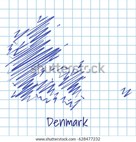 Map of Denmark, blue sketch abstract background. The hand drawn map on school grid background texture. scribble pan vector illustration