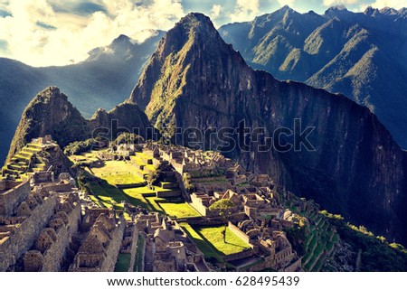 View of the ancient Inca City of Machu Picchu. The 15-th century Inca site.'Lost city of the Incas'. Ruins of the Machu Picchu sanctuary. UNESCO World Heritage site.