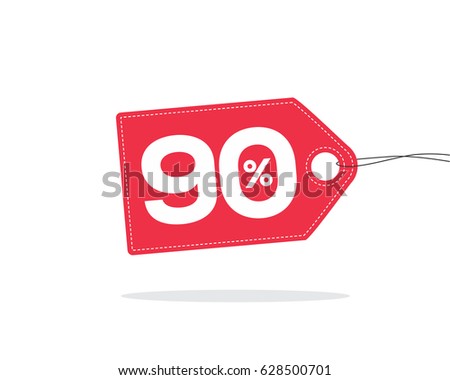 Vector red price tag label with 90% text on it and with shadow isolated on white background. For spring summer sale campaign.