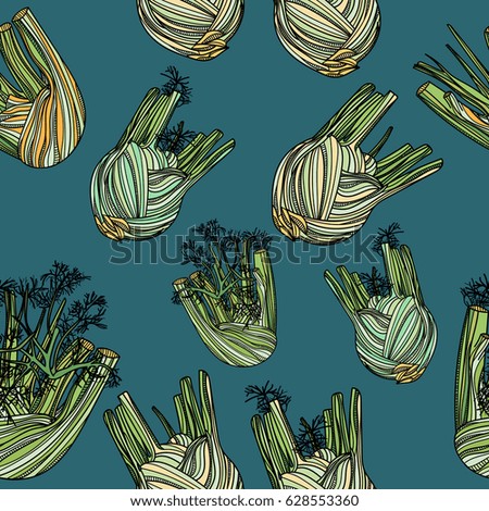 Seamless pattern with fennel on blue background. Vector illustration. Typography design elements for prints, cards, posters, products packaging, branding.