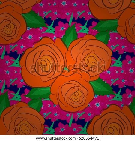 Seamless pattern with cute rose flowers and green leaves on a blue background. Spring vintage floral background. Beautiful vector texture.