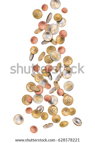 euro coins money rain falling from sky  isolated on white background financial business success concept