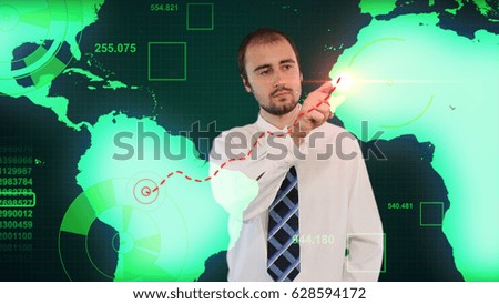 Businessman touching digital data on hologram screen with his finger