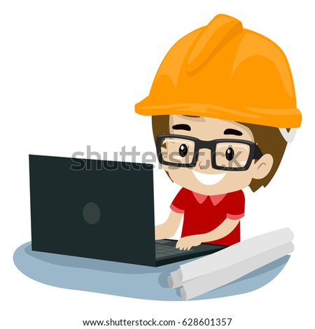 Vector Illustration of Kid Boy Engineer using a Laptop