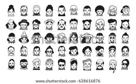Big set of people avatars for social media, website. Doodle portraits fashionable girls and guys. Trendy hand drawn icons collection. Black and white vector  illustration. Royalty-Free Stock Photo #628616876