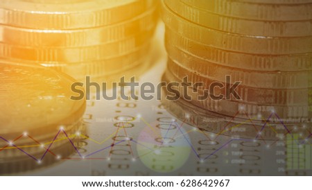 double exposure of rows of coins and business document in finance and banking concept