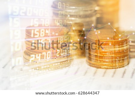 double exposure of rows of coins and business document in finance and banking concept