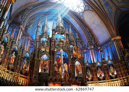 Montreal Notre-Dame Basilica Sunshine on the altar of Montreal Notre-Dame Basilica (French: Basilique Notre-Dame de Montreal) Royalty-Free Stock Photo #62869747
