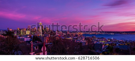 Seattle skyline view colorful sunset