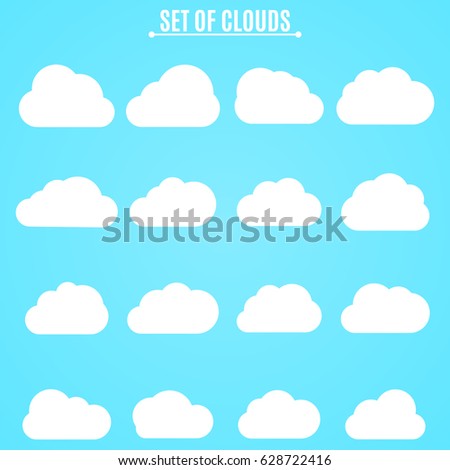 Set. Collection of light clouds of white in the blue sky. Vector illustration in a flat style. EPS 8