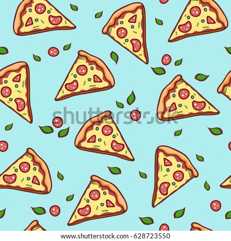 Hand draw pizza. Doodle pizza seamless pattern background. Fast food seamless vector pattern.
