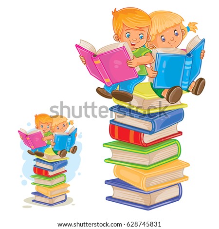 Vector illustration of a little boy and girl sitting on a pile of books and reading. Print