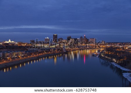 Twilight Over Minnesota State Capitol St Paul's Skyline Reflected in Mississippi River