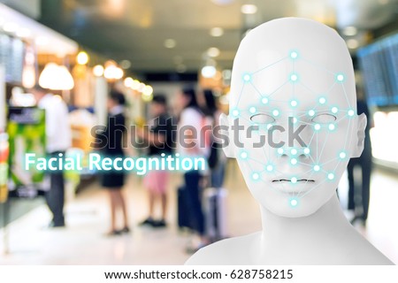 Machine learning systems , accurate facial recognition biometric technology, artificial intelligence concept. 3D Rendering of woman face and dots connect on face with blur retail shop mall background.