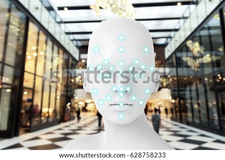 Machine learning systems , accurate facial recognition biometric technology, artificial intelligence concept. 3D Rendering of woman face and dots connect on face with blur retail shop mall background.