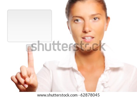 A picture of a young businesswoman touching a modern screen over white background