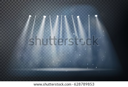 Vector stage with set of blue spotlights. Blue stage lights.  Royalty-Free Stock Photo #628789853