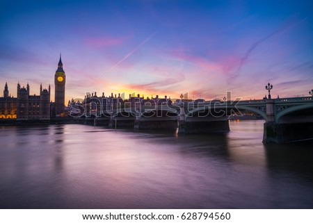 Westminster Bridge and Big Ben at sunset in London. United Kingdom