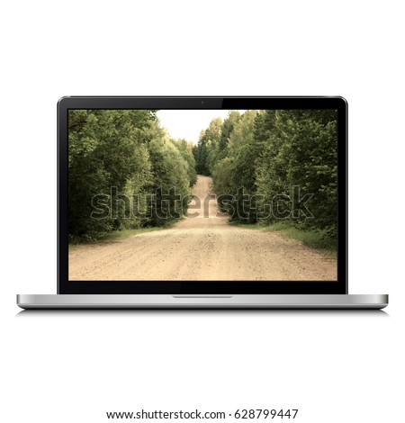 Modern laptop isolated on white background with country road on screen