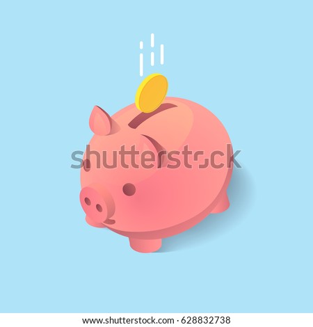 A vector clip art of moneybox in the form of a pig with a coin falling into it. Concept of saving money in isometric 3D style and flat design. 