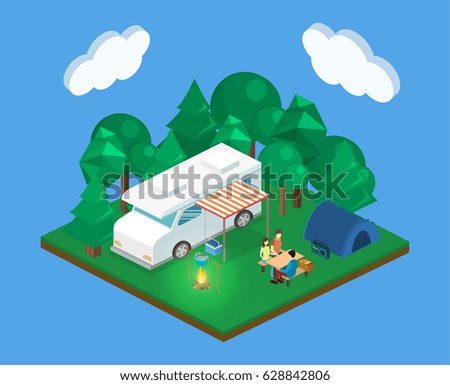 Isometric flat 3D isolated concept vector landscape for camping.