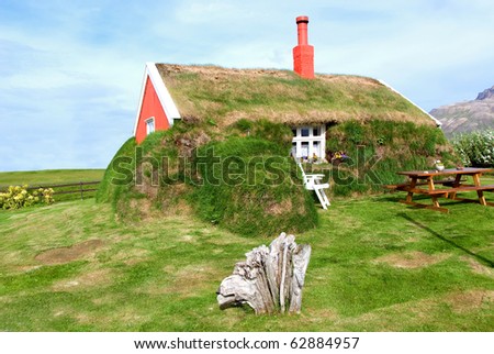 Iceland Borgarfjordur Lindarbakki hairy house with grass on the walls and roof