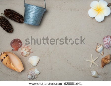Summer vacation accessories on sandy ocean beach, Summertime Lifestyle objects flat lay top view .Day off time